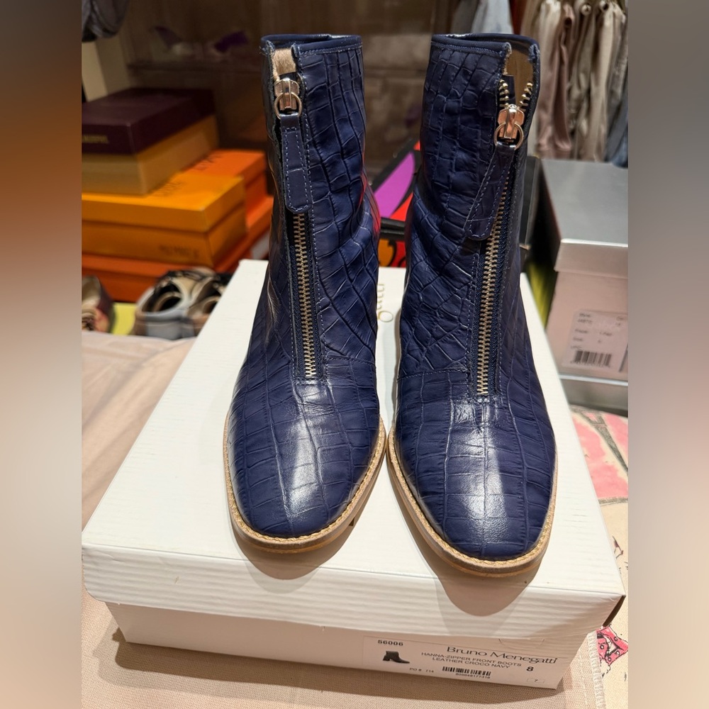 Elegant Navy Croc-Embossed Ankle Boots